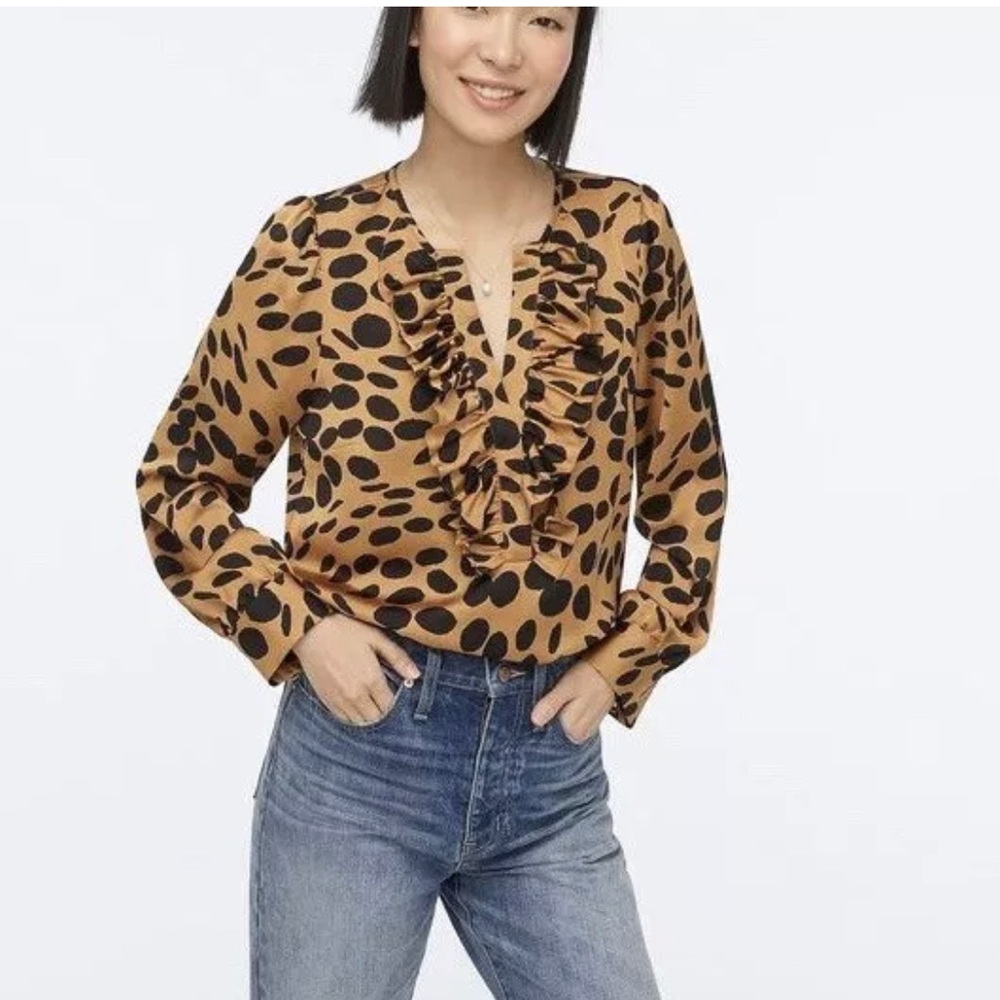 J.Crew Wave Dots Ruffle Leopard Blouse Timeless Satin Elegance‎